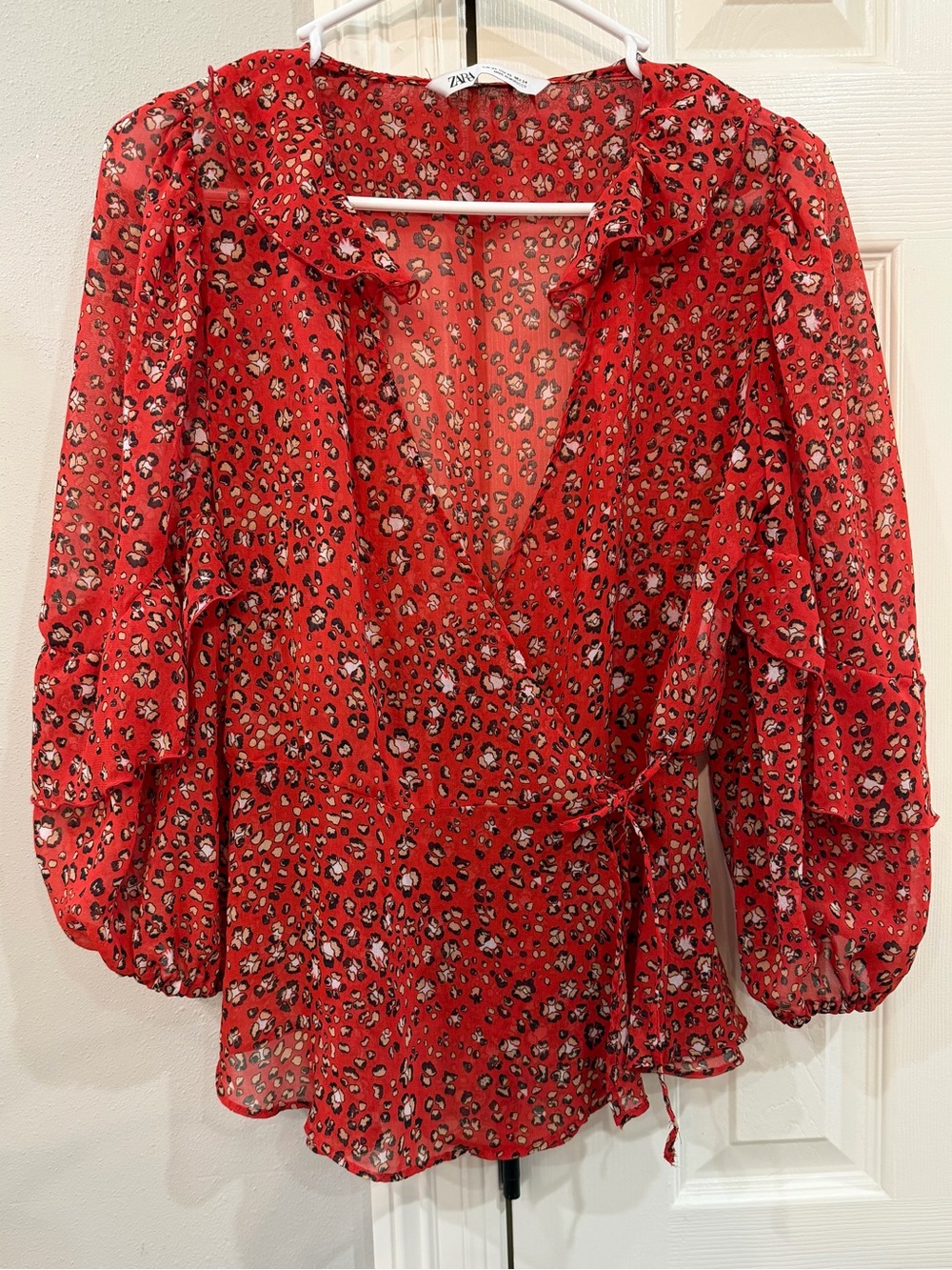 Zara Red Leopard Print Wrap Blouse Sz xs